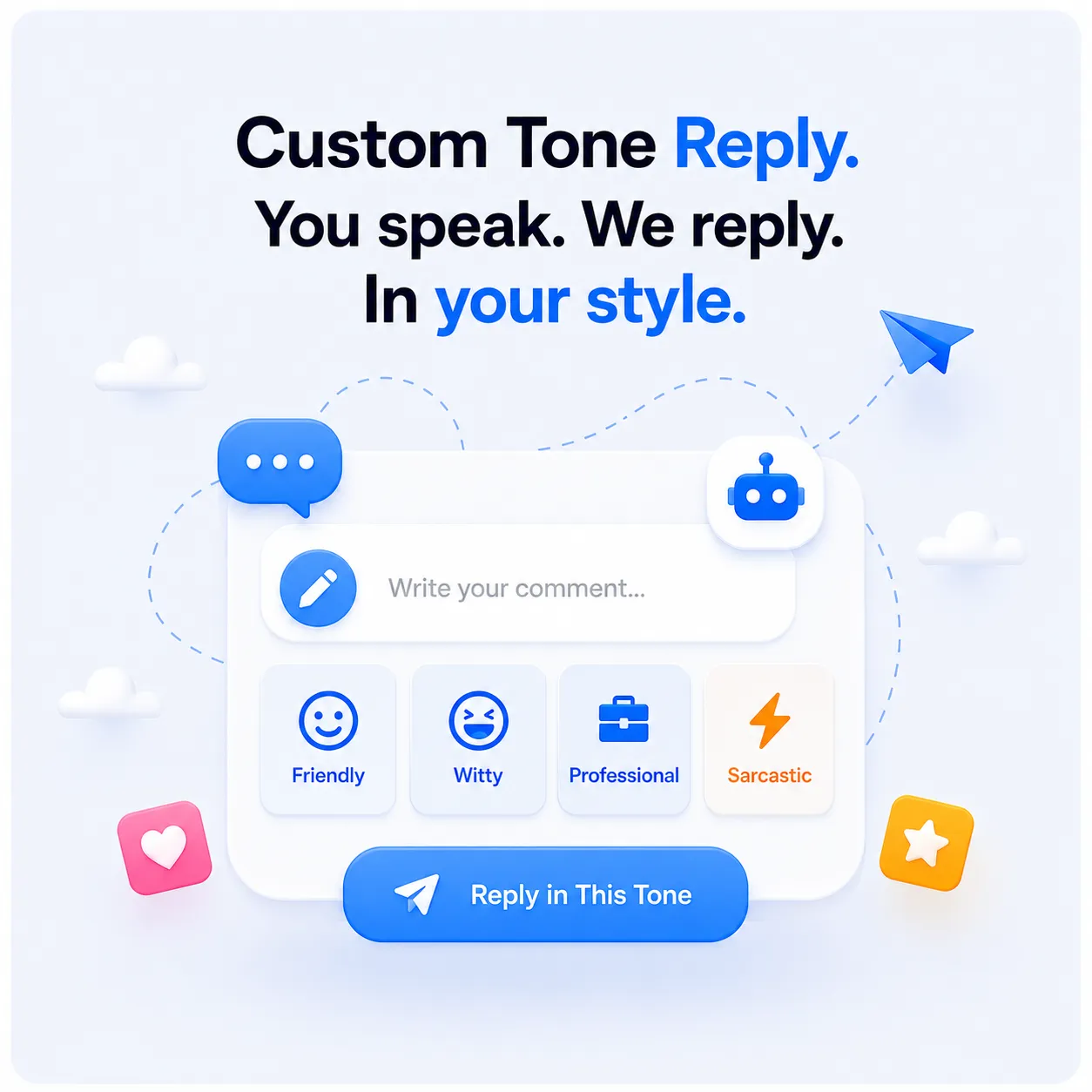 Custom Voice: Set your tone, length, emojis, and rules once. Keep every campaign consistent.