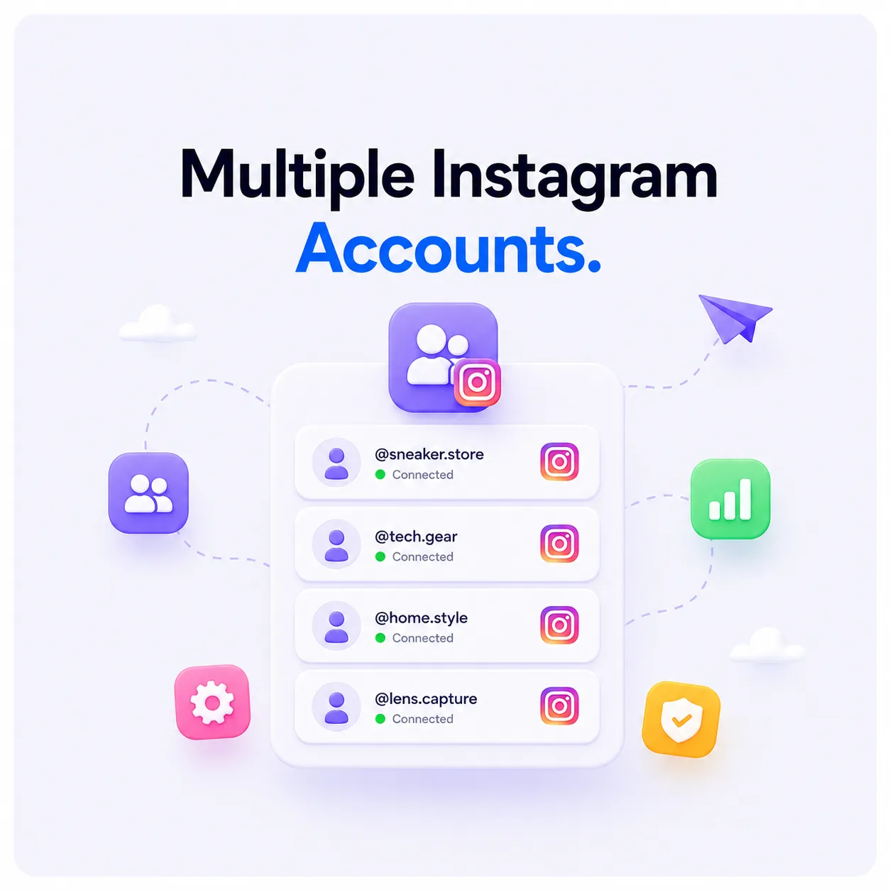 Multiple Accounts: Run multiple Instagram profiles from one screen. Built for agencies, brands, and multi-account creators.